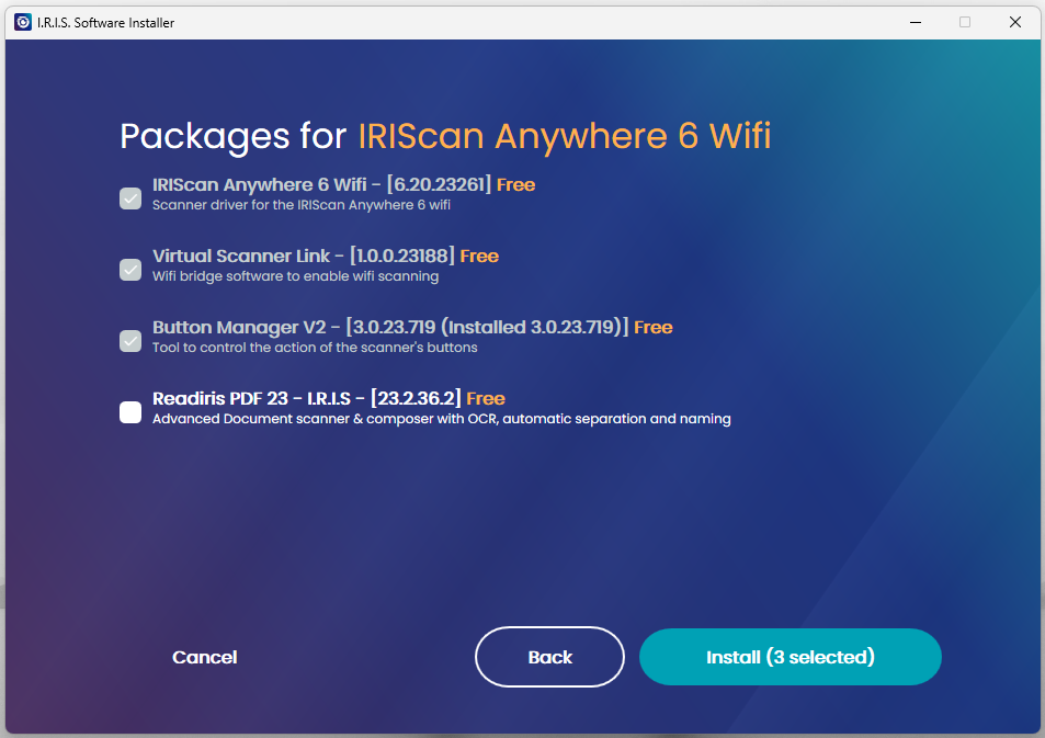 Capture d'écran du choix des composants logiciels